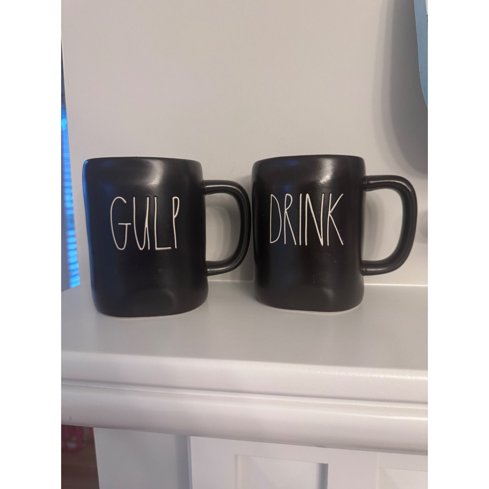 Rae Dunn DRINK & GULP Mug Set 16 oz Matte Black White Large Halloween Gothic